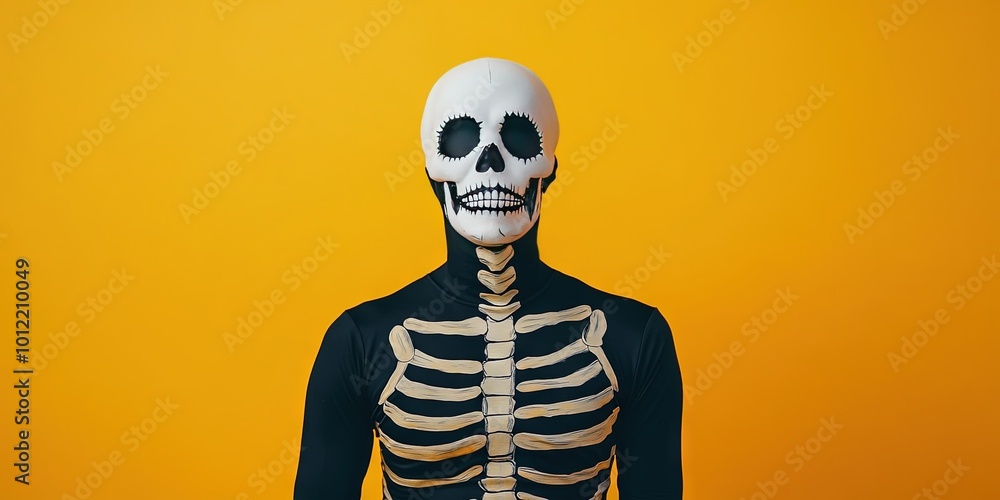 asian man wearing skeleton halloween costume, solid background, copy space asian man wearing skeleton halloween costume, solid background, copy space