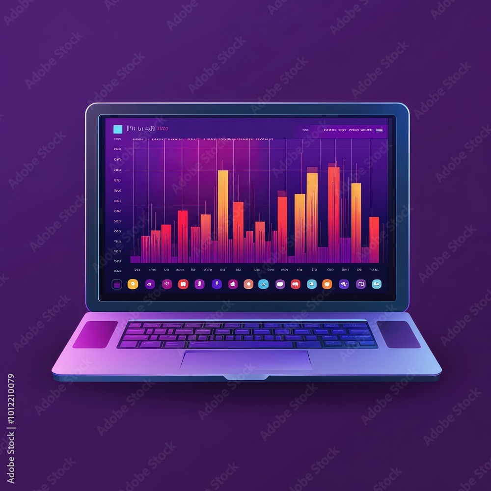 Laptop Displaying Financial Chart on Violet Background, Icon Style, Flat Colors Laptop Displaying Financial Chart on Violet Background, Icon Style, Flat Colors