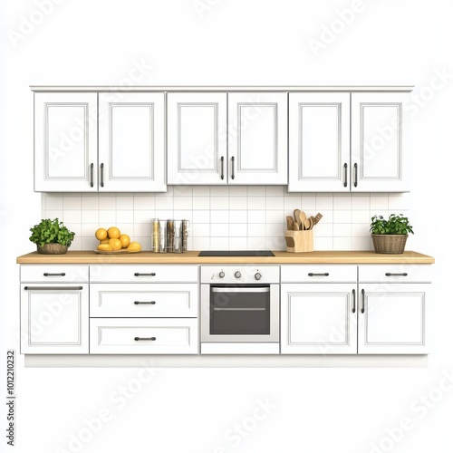 Modern white kitchen design featuring cabinets, countertop, fruits, and utensils on a clean background, ideal for cooking enthusiasts.