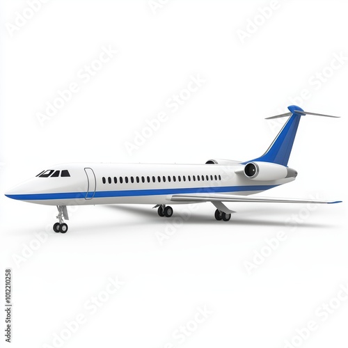 Stylish private jet featuring a sleek design with blue accents, shot against a clean white background for maximum visibility.