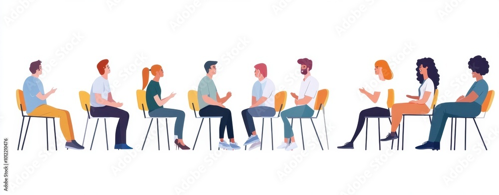 People sitting on chairs and talking to each other during group therapy white background, simple shapes Generative AI People sitting on chairs and talking to each other during group therapy white background, simple shapes Generative AI