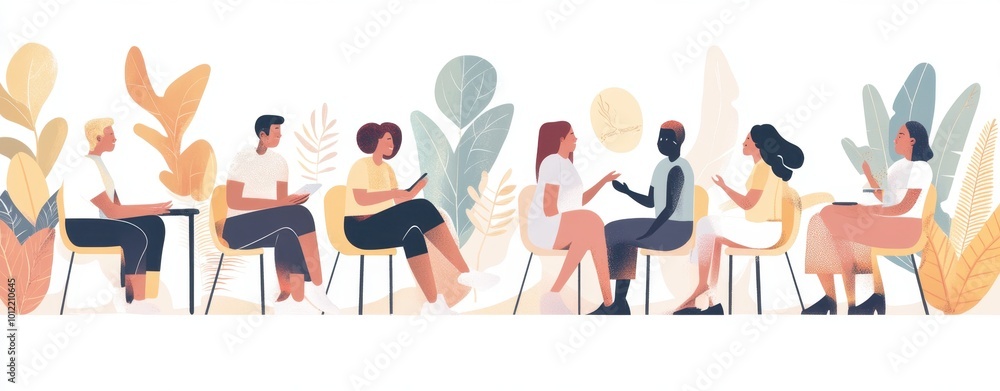 A group of people sitting on chairs and talking to each other at a group therapy session with simple shapes and pastel colors Generative AI A group of people sitting on chairs and talking to each other at a group therapy session with simple shapes and pastel colors Generative AI