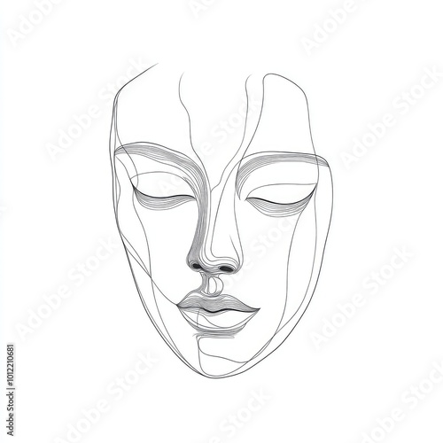 Theatrical Mask in Simple Continuous Black Line Drawing, Minimalistic Single Unbroken Line Art on White Background