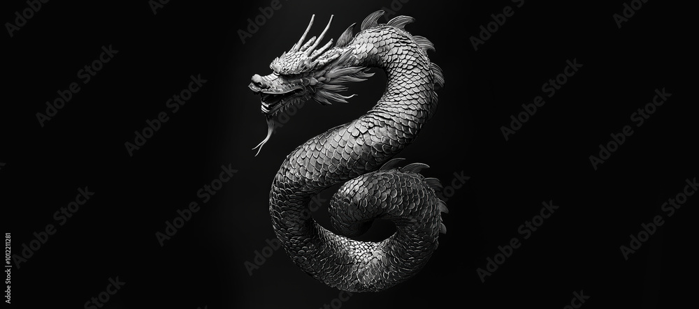 A detailed black and white image of a Chinese dragon with long, coiled body and sharp scales, floating in a dark, minimalistic background.
