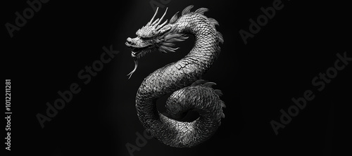 Obraz na płótnie A detailed black and white image of a Chinese dragon with long, coiled body and sharp scales, floating in a dark, minimalistic background.
w salonie