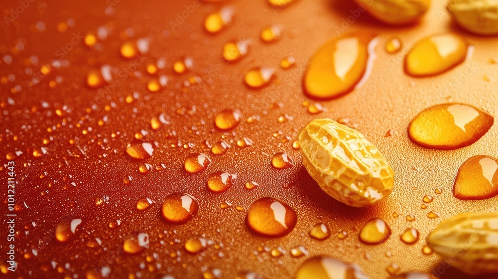 Close-up of peanuts surrounded by water droplets on a vibrant orange background. Close-up of peanuts surrounded by water droplets on a vibrant orange background.