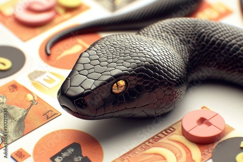 Black snake curled on cryptocurrency symbols and euro banknotes photo