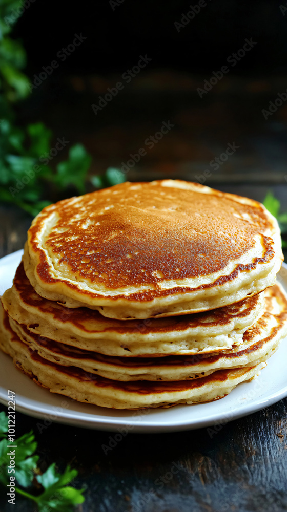 Golden brown pancakes are stacked high on a white plate, ready to be enjoyed for breakfast Golden brown pancakes are stacked high on a white plate, ready to be enjoyed for breakfast