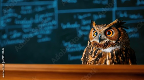 Owl with vibrant eyes perched near a chalkboard, striking details and colors. photo