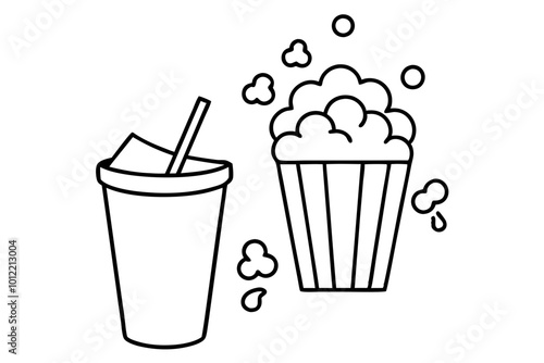  Movie cinema popcorn bucket and cola drink cup with splash, flying popcorn from bucket line art vector illustration