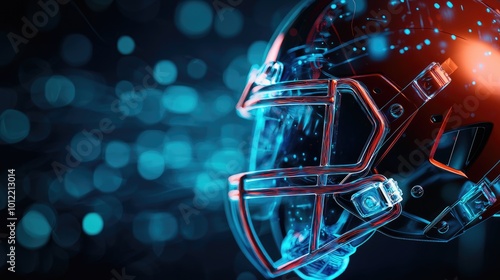 Shiny football helmet on a dark illuminated background with blue bokeh lights.