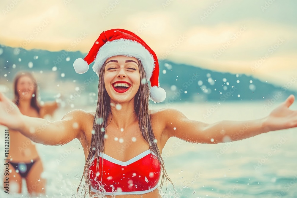 Obraz premium Joyful woman in santa hat enjoying a beach christmas celebration
