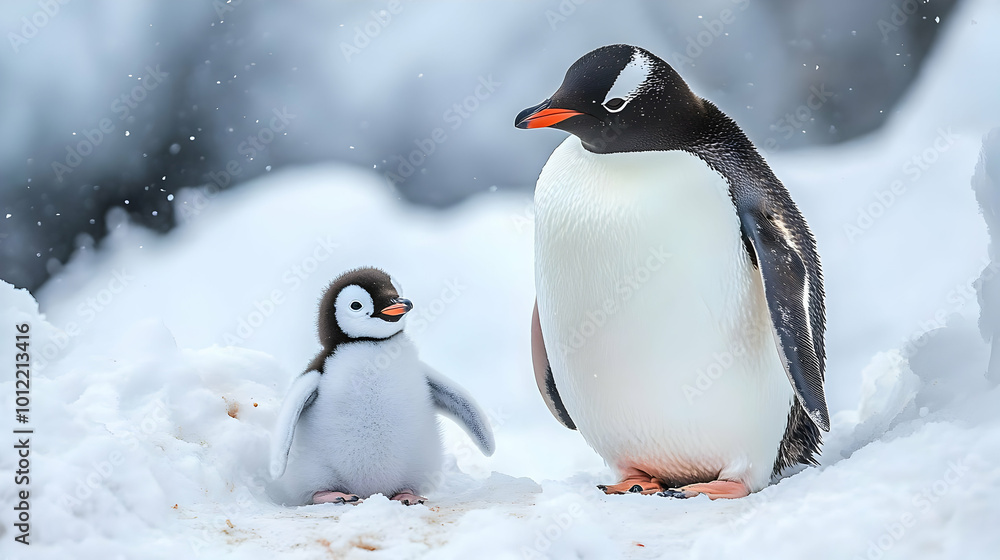 Obraz premium Cute Penguin Chick and Parent in Snow Realistic Photo