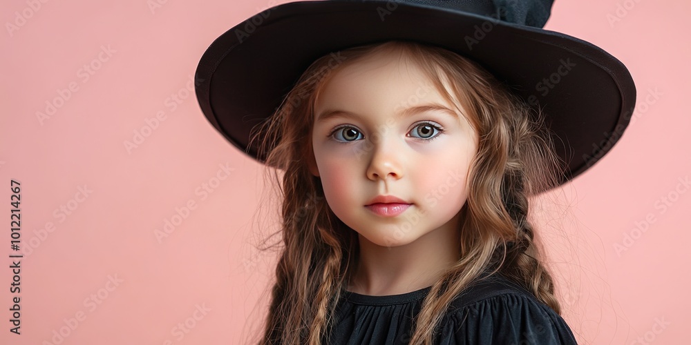 child wearing witch halloween costume, solid background, copy space child wearing witch halloween costume, solid background, copy space