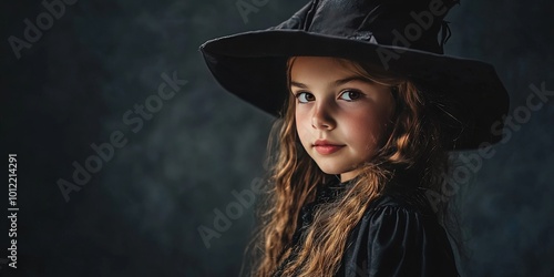 child wearing witch halloween costume, solid background, copy space