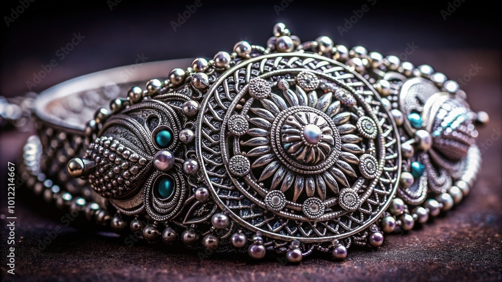 Exquisite Piece of Silver Jewelry with Intricate Design on Dark Velvet Background for Elegant Display Exquisite Piece of Silver Jewelry with Intricate Design on Dark Velvet Background for Elegant Display