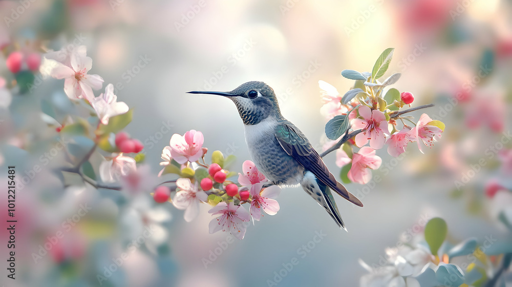Hummingbird Perched on a Branch with Pink Flowers Illustration Hummingbird Perched on a Branch with Pink Flowers Illustration
