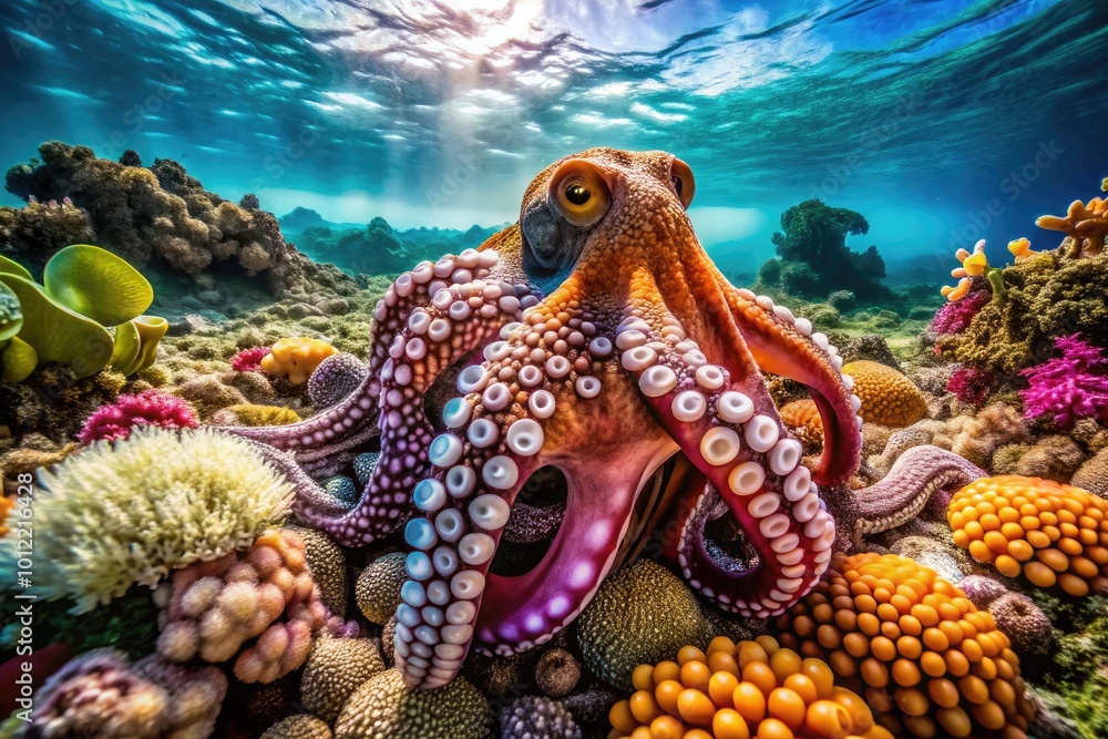Fascinating Octopus Camouflage Blending with Coral Reefs in Vibrant Underwater Environment Fascinating Octopus Camouflage Blending with Coral Reefs in Vibrant Underwater Environment