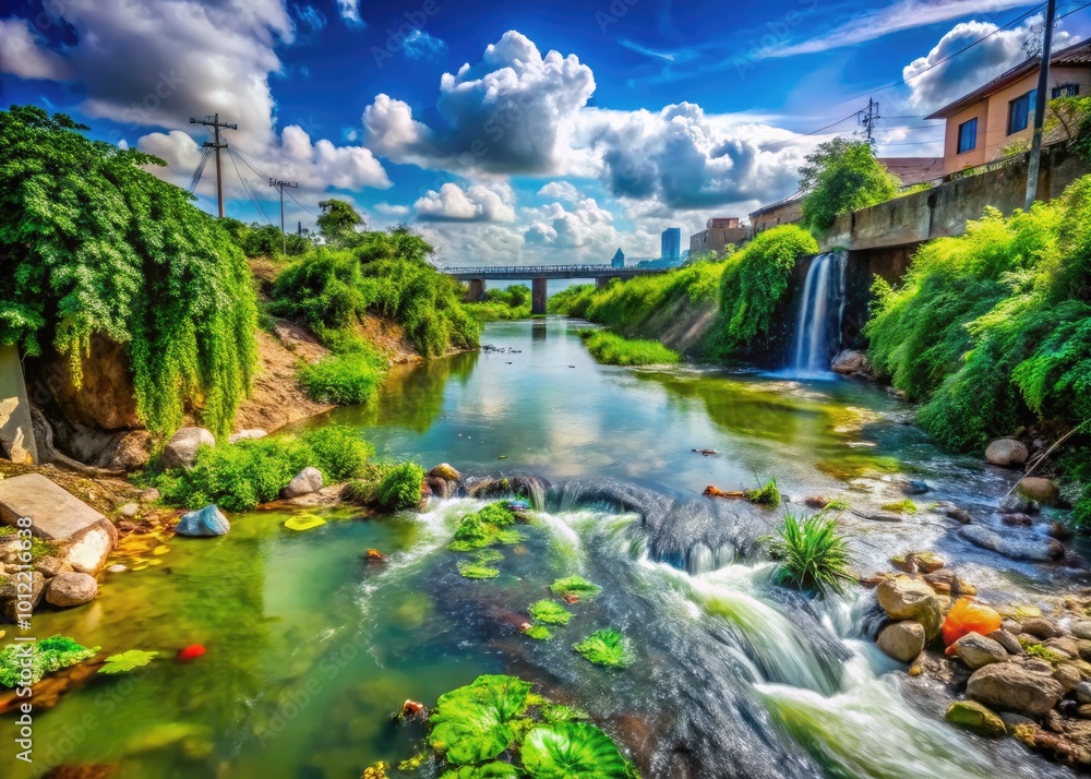 Fototapeta premium Feculent Water Surrounded by Greenery Highlighting Environmental Pollution and Water Quality Issues