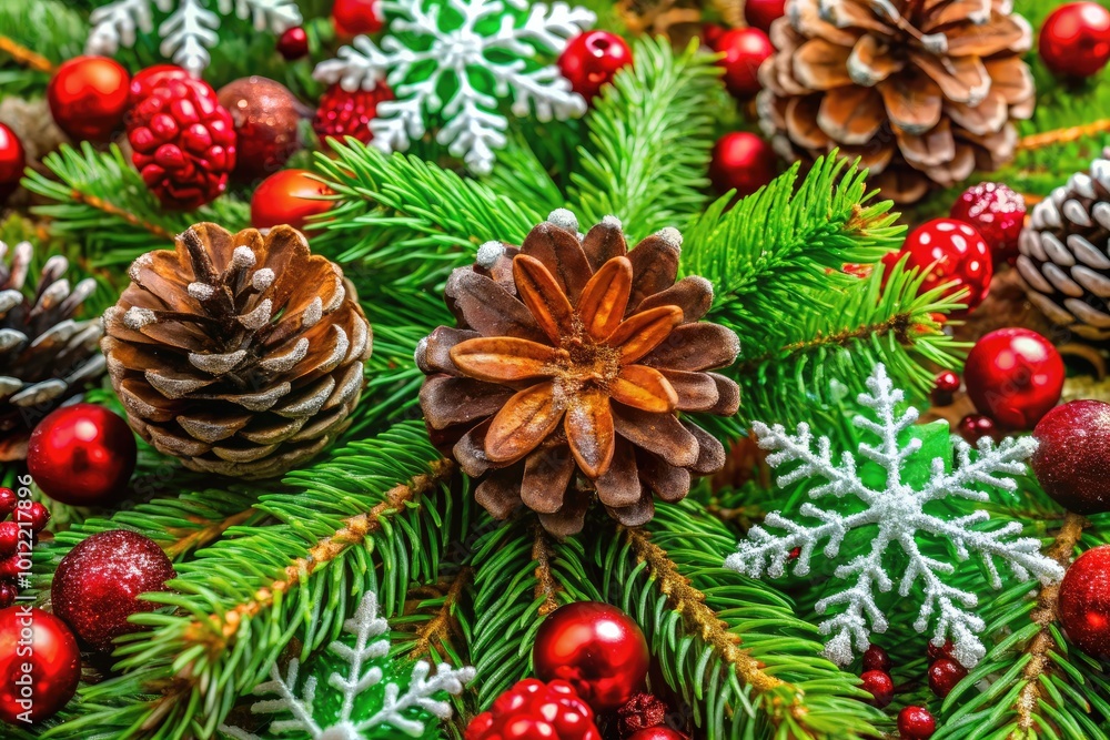 Festive Christmas Background with Snowflakes, Pine Cones, and a Cozy Red and Green Color Palette Festive Christmas Background with Snowflakes, Pine Cones, and a Cozy Red and Green Color Palette