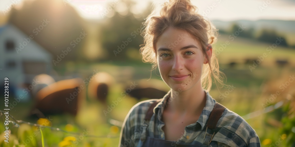 Young female farmer smiling warmly in a sunny field, with grazing cows and a farmhouse in the background Young female farmer smiling warmly in a sunny field, with grazing cows and a farmhouse in the background