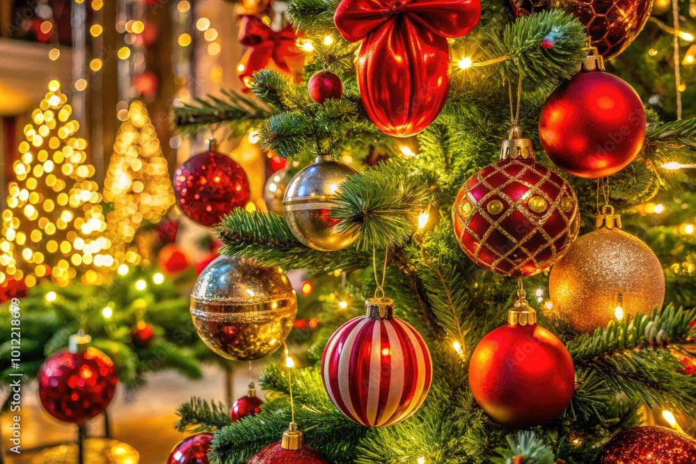 Festive Christmas Decorations with Ornaments, Lights, and a Beautifully Adorned Christmas Tree Festive Christmas Decorations with Ornaments, Lights, and a Beautifully Adorned Christmas Tree