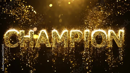 Gold Champion text with glowing, glittering particles creating celebratory and victorious atmosphere. perfect for awards, achievements, and high energy promotional materials.