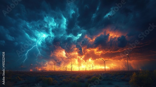 A dramatic storm rages over a wind farm, with lightning illuminating the dark clouds and setting the sky ablaze with fiery hues.