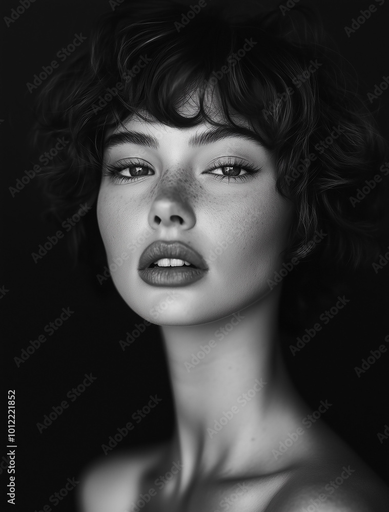 A beautiful woman with short, curly hair, captivating eyes, and a full-face portrait. A beautiful woman with short, curly hair, captivating eyes, and a full-face portrait.