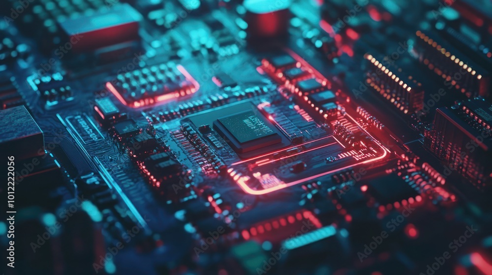 Fototapeta premium Circuit Board Closeup with Red and Blue Lighting