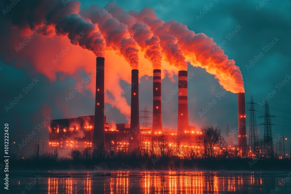 Industrial smoke stacks spewing thick plumes of black smoke into the atmosphere, creating a dramatic and ominous scene against a twilight sky. Industrial smoke stacks spewing thick plumes of black smoke into the atmosphere, creating a dramatic and ominous scene against a twilight sky.