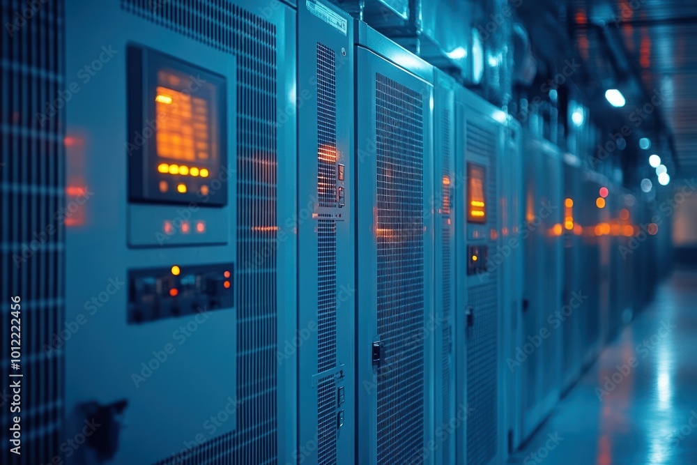 A row of electrical cabinets in a server room, lit by blue and red lights.