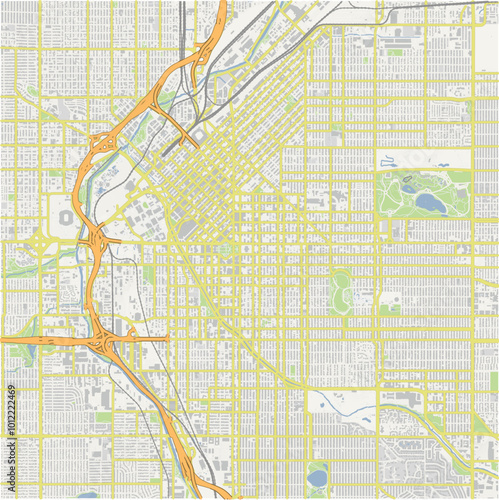 Map of Denver Center in Colorado in a normal road map style. Contains layered vector with roads water, parks, etc.