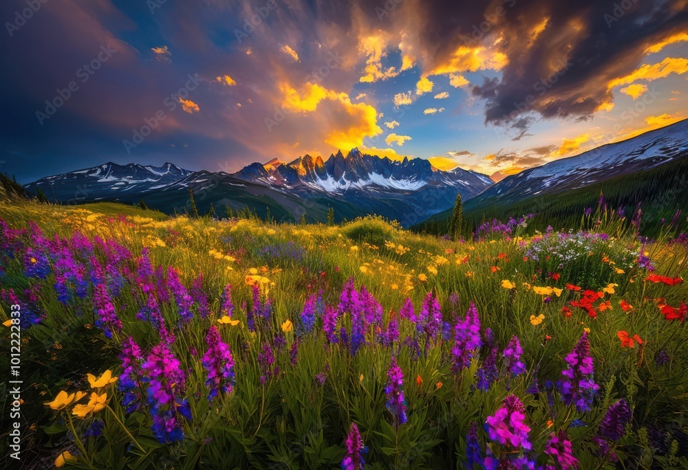 Obraz premium vibrant wildflowers flourishing breathtaking mountain backdrop showcasing colors natural beauty, bloom, blossom, flora, meadow, garden, landscape, nature