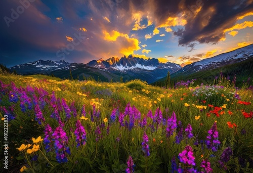 vibrant wildflowers flourishing breathtaking mountain backdrop showcasing colors natural beauty, bloom, blossom, flora, meadow, garden, landscape, nature