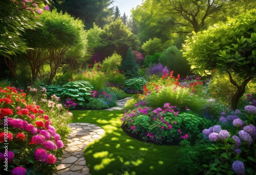 colorful lush vibrant garden space featuring diverse variety plants including foliage creating bountiful outdoor oasis, gardenscape, flowers, shrubs