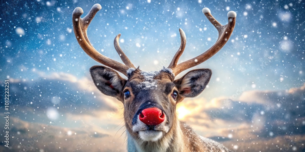 Festive Red-Nosed Reindeer in a Winter Wonderland Surrounded by Snow and Glittering Snowflakes Festive Red-Nosed Reindeer in a Winter Wonderland Surrounded by Snow and Glittering Snowflakes