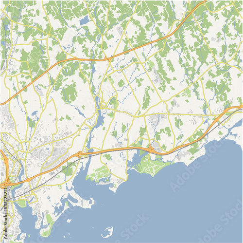 Map of Westport in Connecticut in a normal road map style. Contains layered vector with roads water, parks, etc.
