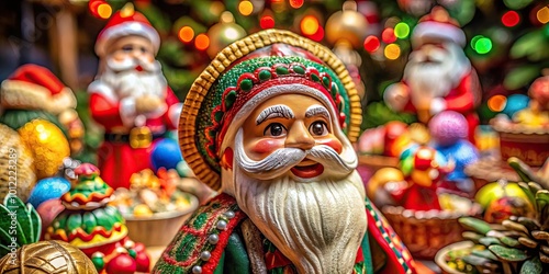 Festive Santa Claus Figurine Surrounded by Traditional Mexican Decorations for Holiday Celebrations