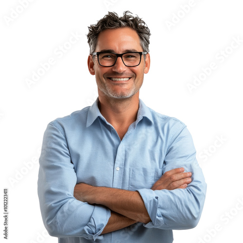 A smiling middle-aged man with glasses wears a blue shirt, arms crossed in a ...