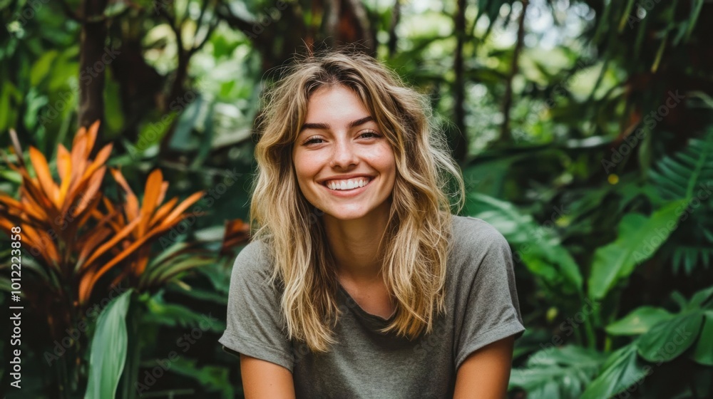 Smiling Woman in a Lush Garden Smiling Woman in a Lush Garden