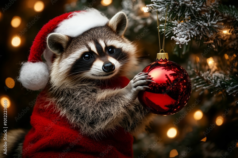 A charming raccoon dressed in a red Santa Claus costume, complete with a Santa hat, poses near a Christmas tree while holding a shiny red ornament decorated with glittering patterns. A charming raccoon dressed in a red Santa Claus costume, complete with a Santa hat, poses near a Christmas tree while holding a shiny red ornament decorated with glittering patterns.