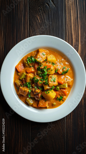 Aromatic and colorful vegetable curry dish served on a white plate, featuring a medley of fresh vegetables in a creamy sauce