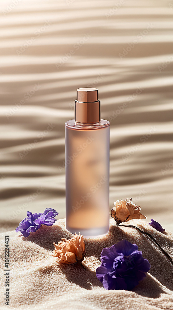 Exquisite cylindrical translucent bottle on top of a rock, with a beige sand background,Withered flowers,Dried flowers, warm light, in a minimalist, Exquisite cylindrical translucent bottle on top of a rock, with a beige sand background,Withered flowers,Dried flowers, warm light, in a minimalist,