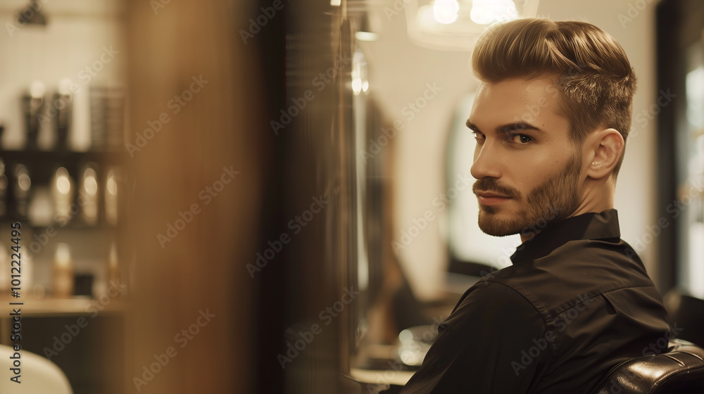 A man seated in a barbershop chair is waiting for his barber in a trendy, hipster-styled salon. A man seated in a barbershop chair is waiting for his barber in a trendy, hipster-styled salon.