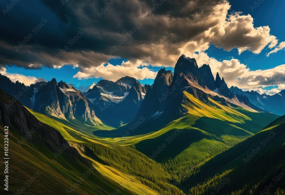 Obraz premium stunning vibrant mountain range under dynamic dramatic cloudscape clear skies rich textures, altitude, backdrop, beauty, breathtaking, brilliant, capture