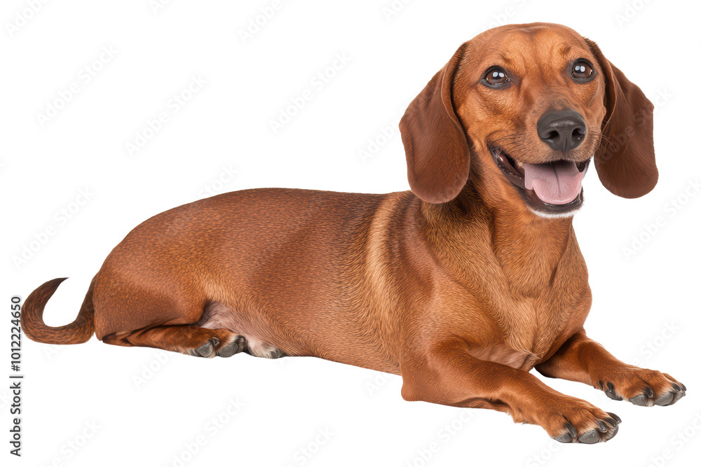 A happy dachshund dog lying down, showcasing its playful character and shiny, well-groomed fur. isolated on transparent background. A happy dachshund dog lying down, showcasing its playful character and shiny, well-groomed fur. isolated on transparent background.