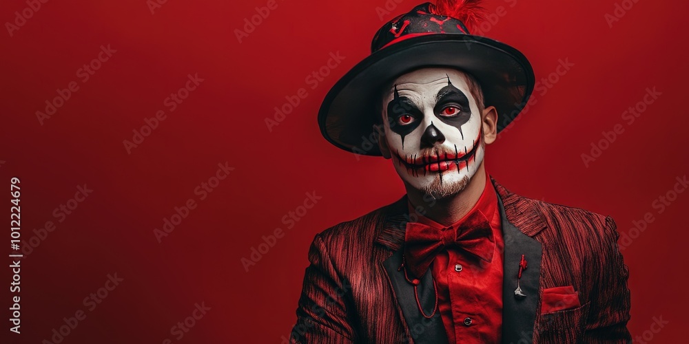man wearing skeleton halloween costume, solid background, copy space man wearing skeleton halloween costume, solid background, copy space