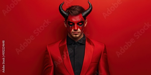 man wearing devil halloween costume, solid background, copy space  photo