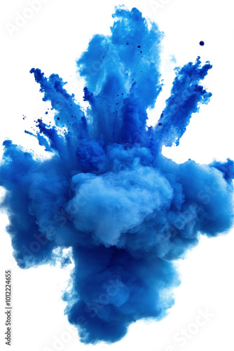 Vibrant blue powder explosion creates an artistic impact against a white back...